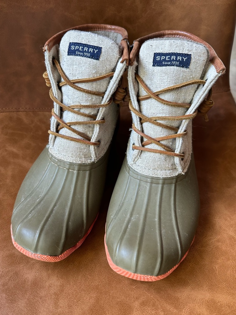 Sperry Olive Green and Tan Waterproof Duck Boots with Coral Accent